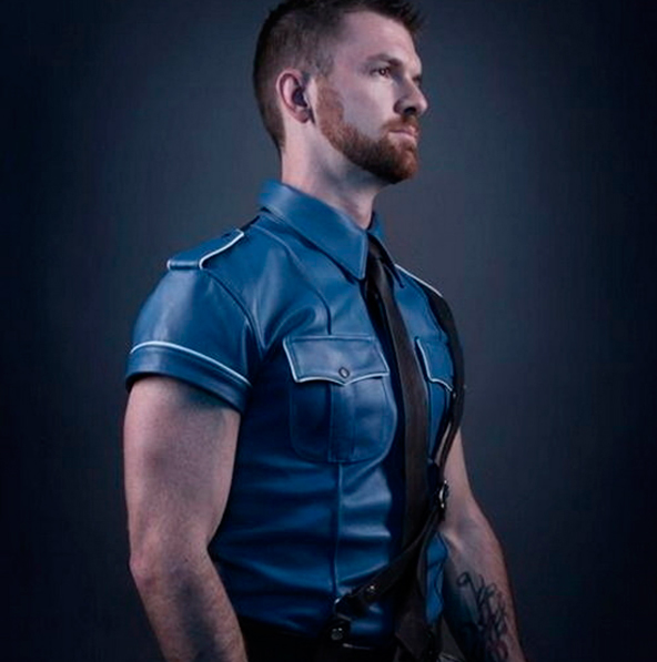 Camisa de cuero manga corta azul mezclilla para hombre